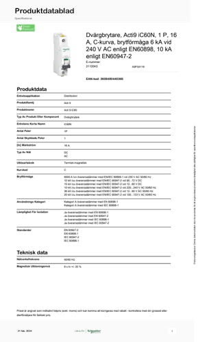 Dvärgbrytare iC60N 1P 16A produktblad (SE)