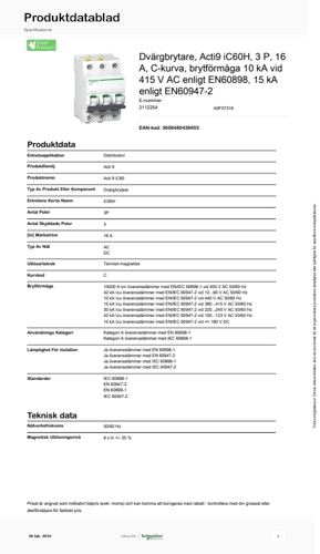 Dvärgbrytare Acti9 iC60N 3P 16A produktblad (SE)