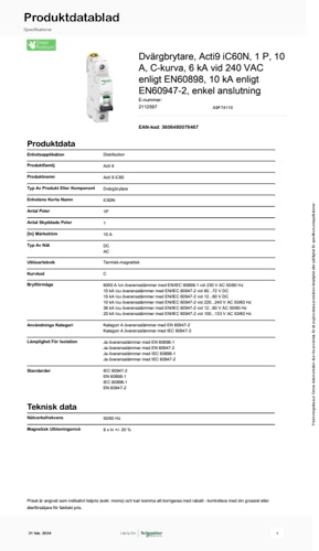 Dvärgbrytare iC60N 1P 10A produktblad (SE)