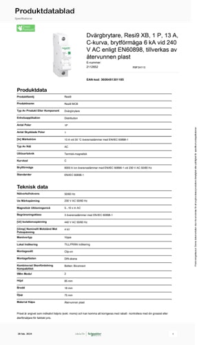 Dvärgbrytare Resi9 XB 1 P 13A produktblad (SE)