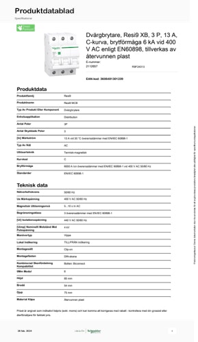 Dvärgbrytare Resi9 XB 3 P 13A produktblad (SE)