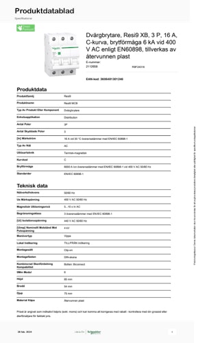Dvärgbrytare Resi9 XB 3 P 16A produktblad (SE)