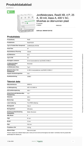 Jordfelsbrytare Resi9 XB 25 A produktblad (SE)