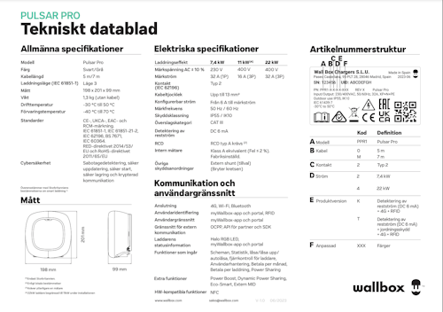 Wallbox Pulsar Pro tekniskt datablad (SE)